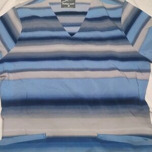 Butter Soft  Stretch Women's Scrub Top Shirt‎ Blue Teal Stripe Short Sleeve MED